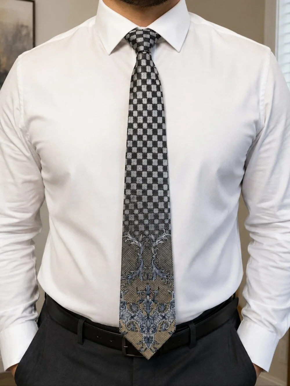 Vintage Gianni Versace Silk Tie - Baroque Geometric Micro Pattern